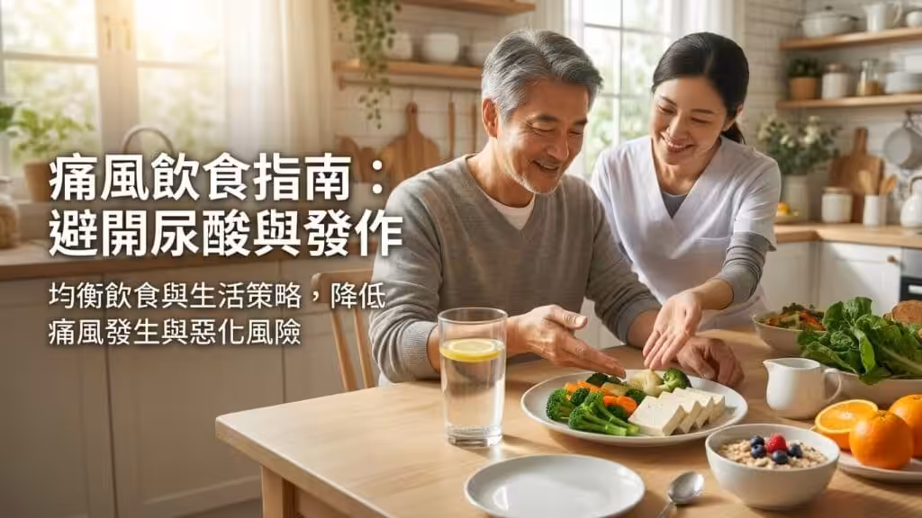 痛風飲食指南與生活策略示意圖,健康低普林飲食料理與清水,強調均衡飲食與降低痛風發作風險