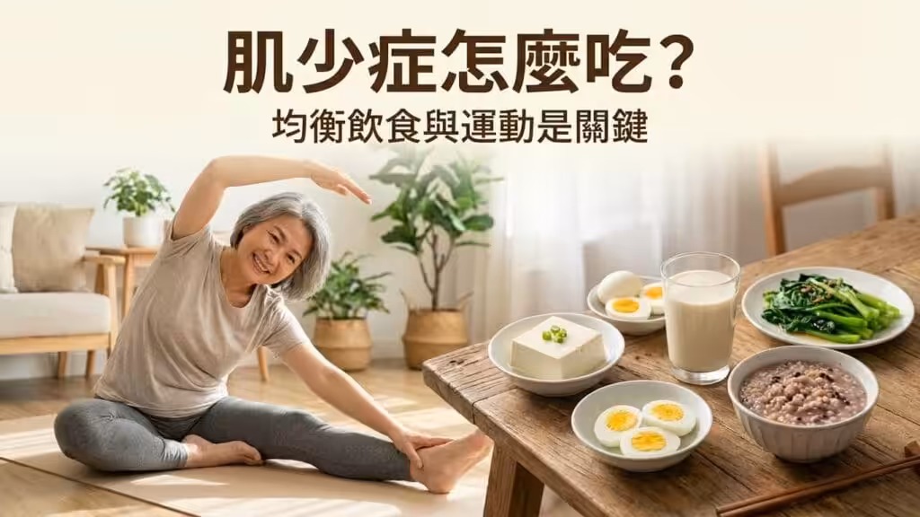 老人肌少症飲食與生活指南示意圖,均衡營養食物搭配日常活動,強調飲食與運動改善肌力